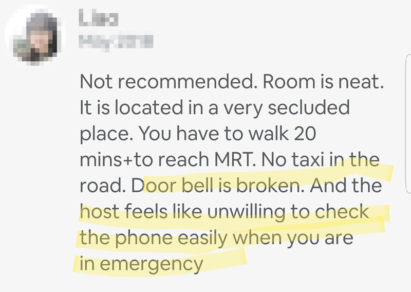 Singapore Woodlands Airbnb Bad Review 3.2